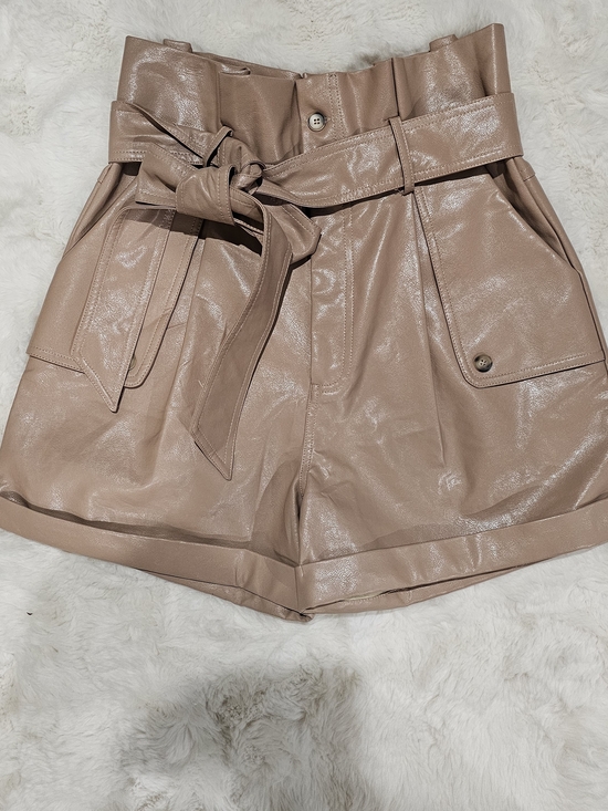 Karlie Pants - Karie Faux Leather Paperbag Waist Shorts NWT Taupe Belted Size Medium